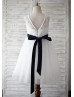 Ivory Lace Tulle V Neck Navy Blue Flower Sash Knee Length Flower Girl Dress 